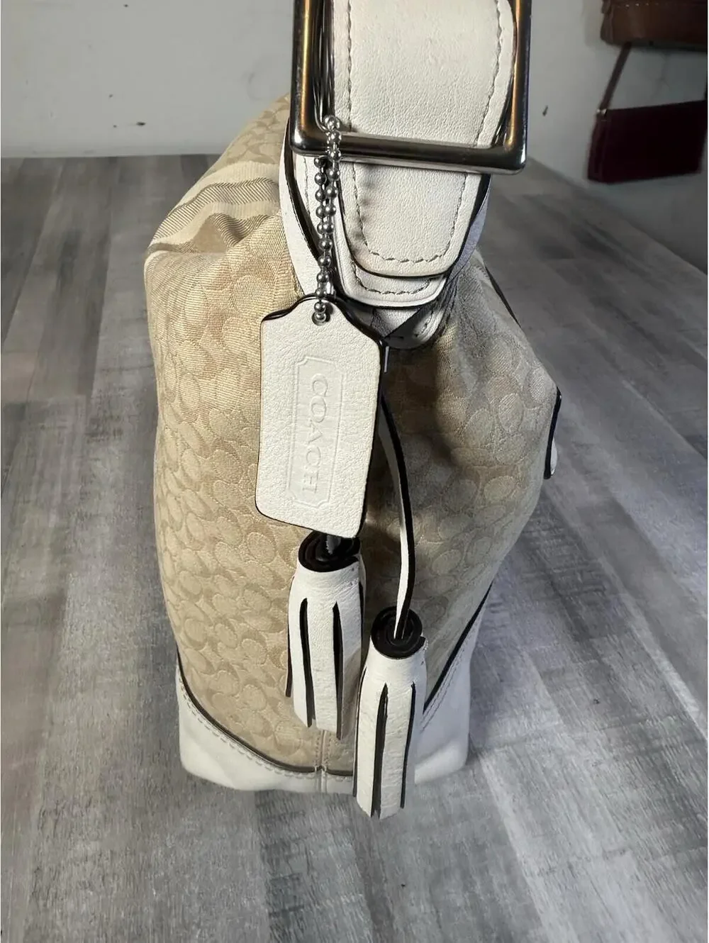 NCOACH LEGACY Khaki Ivory Signature Glitter Stripe Convertible Duffle Bag